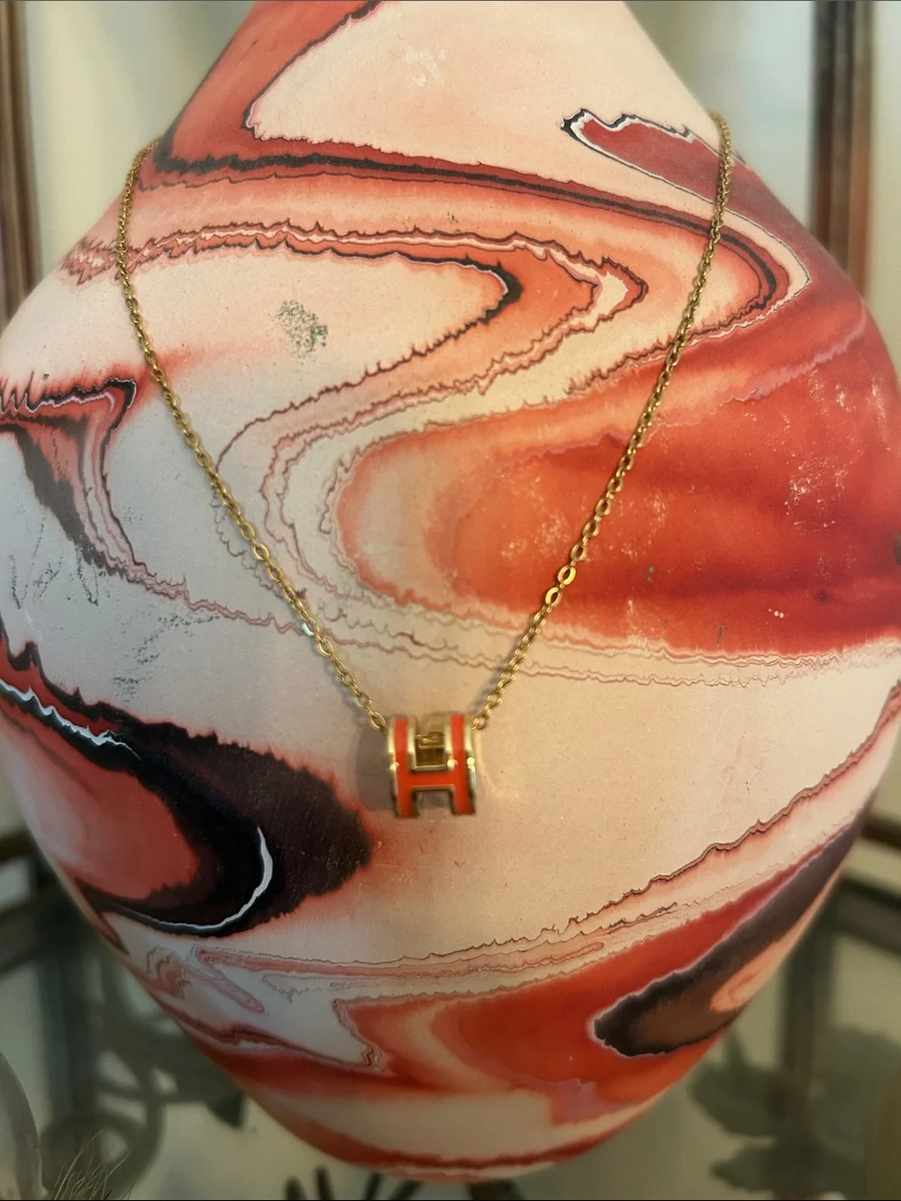 Gold Tone Orange Enamel H Pendant Necklace Stainless Steel